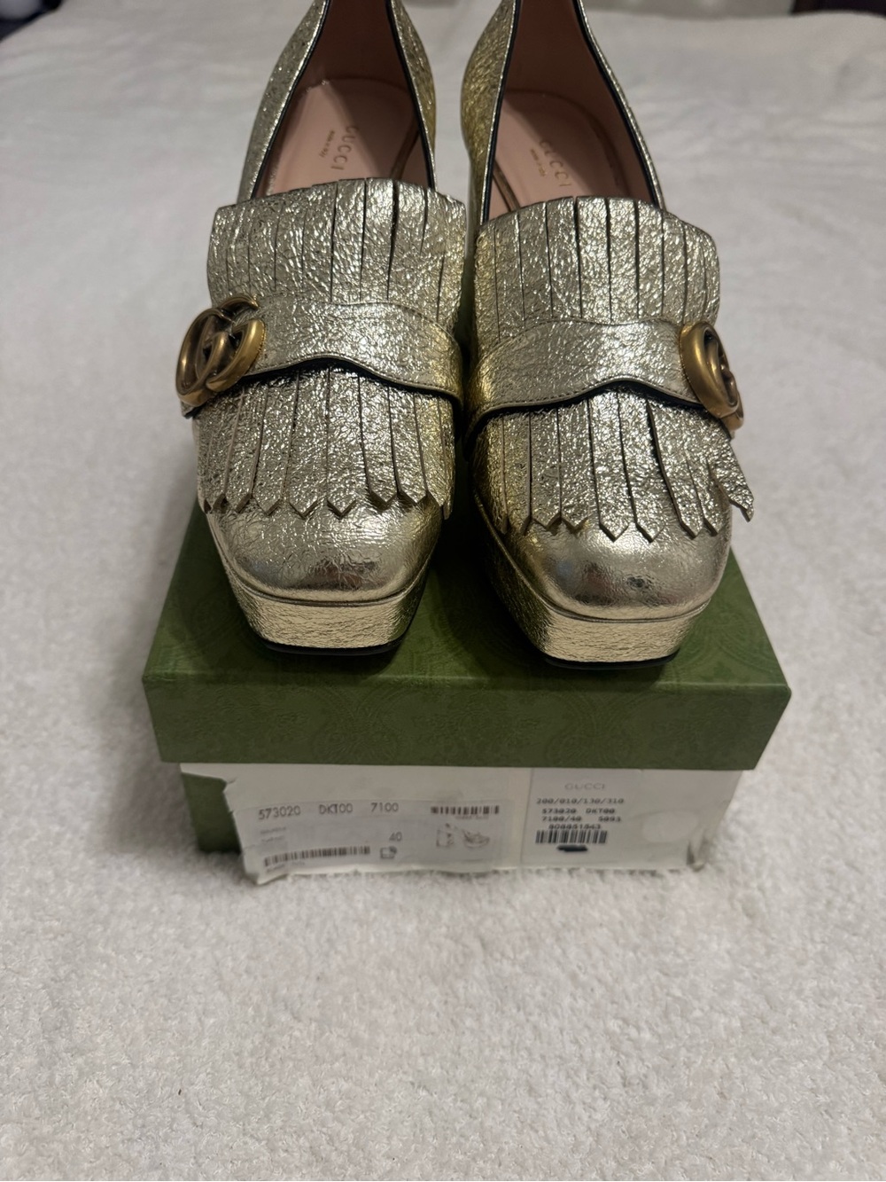 Gucci Metallic Gold Fringe Block Heel Loafers - Picture 9 of 10